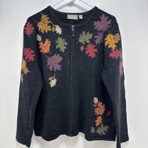 Vtg 90s Croft & Barrow Silk Blend Fall Leaves Cardigan Zip Sweater Granny Size L